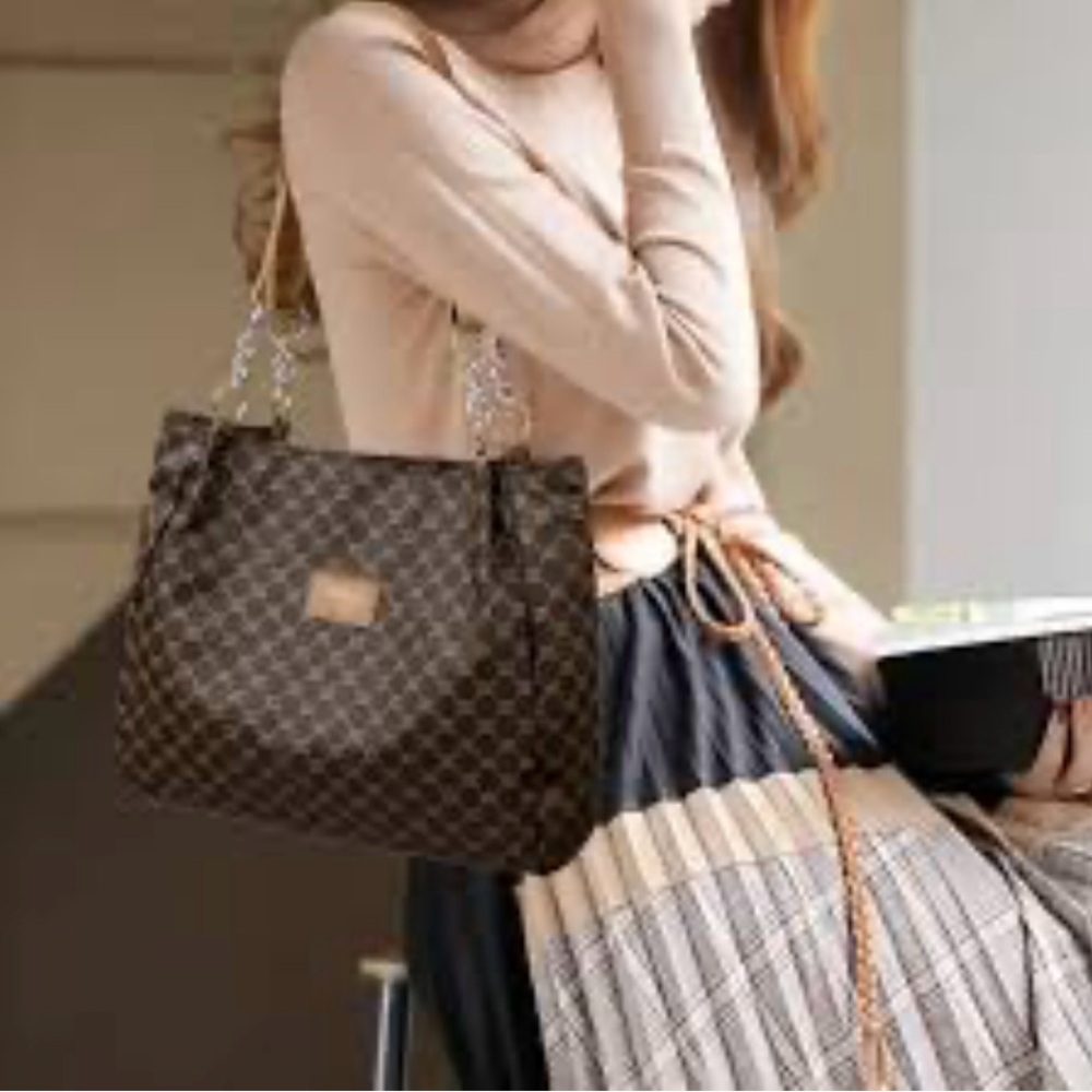 NWT Elegant Brown & Tan Checkered Women's Bag With Silver Tone Hardware 16x10 - Picture 1 of 5